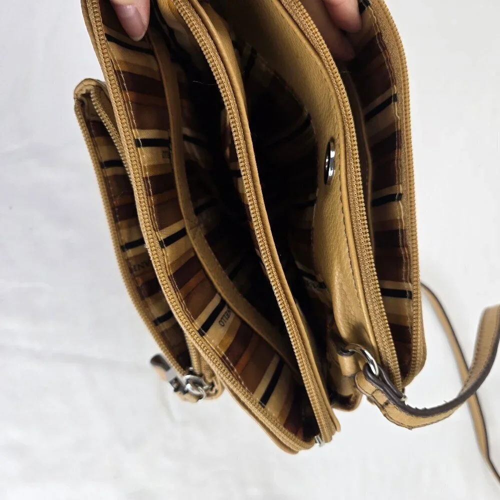 Tignanello Taupe Crossbody Bag 100% Leather Multiple Pockets Adjustable Strap